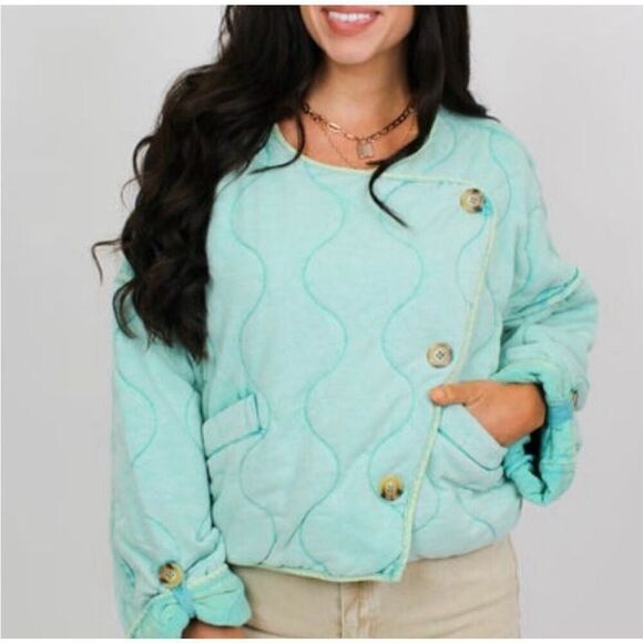 Oli & Hali Oversize Quilted Crop Jacket in sea green, Size Small - Picture 1 of 9